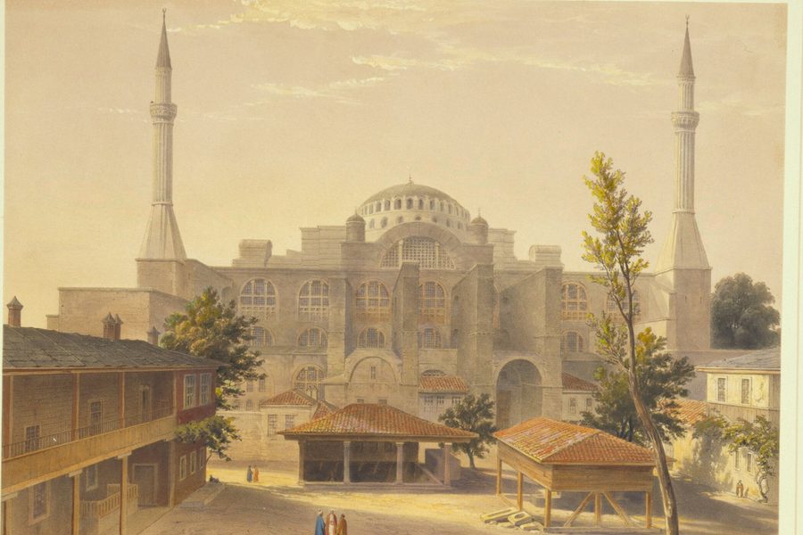 Sainte-Sophie et ses minarets vus de la cour de la médersa, lithographie de l'album Fossati, 1852