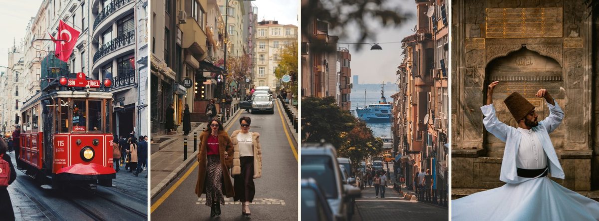 Quatre visages d'Istanbul : tramway rouge, vie de rue, ruelle sur le Bosphore et derviche tourneur
